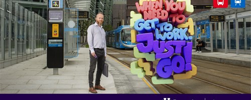 Man standing at a tram station with a tram in the background. Text reads 'WHEN YOU NEED TO GET TO WORK JUST GO!' with transport service icons and logos for Transport for West Midlands and Swift